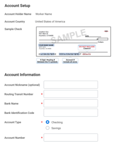 workday payment election account setup and account information screen
