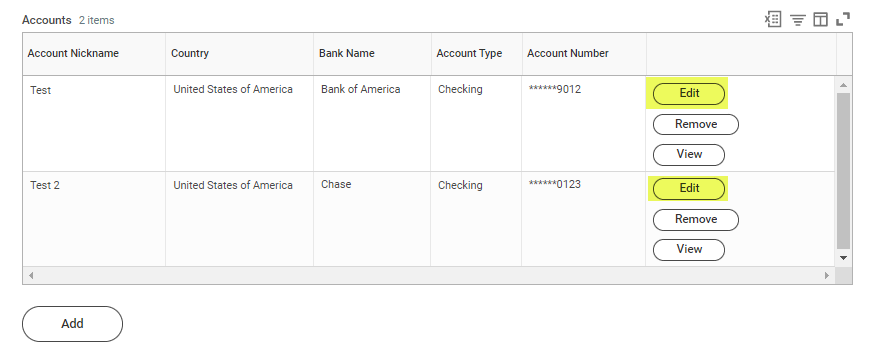 workday payment election screen where you can edit bank account information