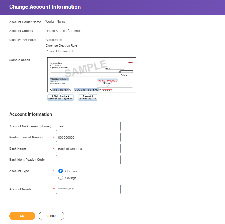 workday payment election screen where you can change account information