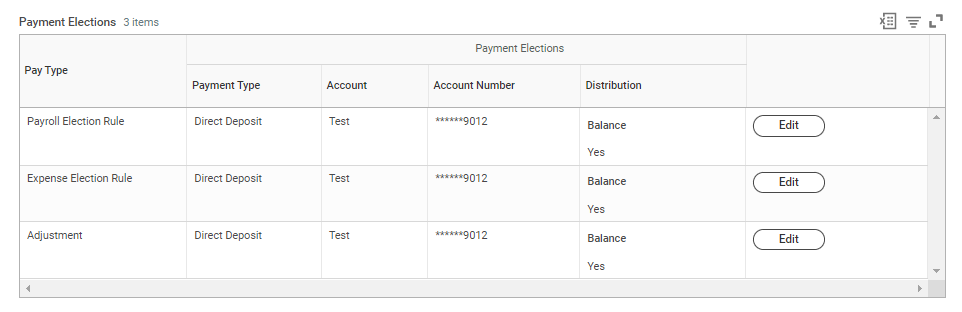 workday payment election screen where you can edit payment elections