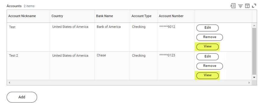 workday payment election screen where you can choose to view bank accounts
