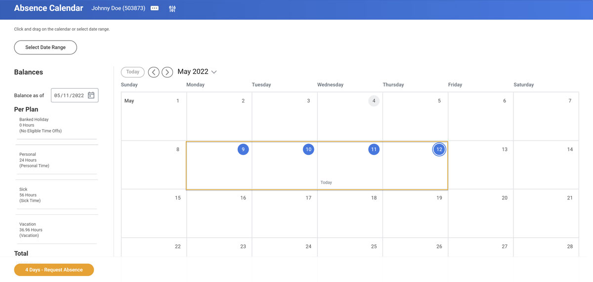 screenshot of Workday Absence Calendar with <a href=