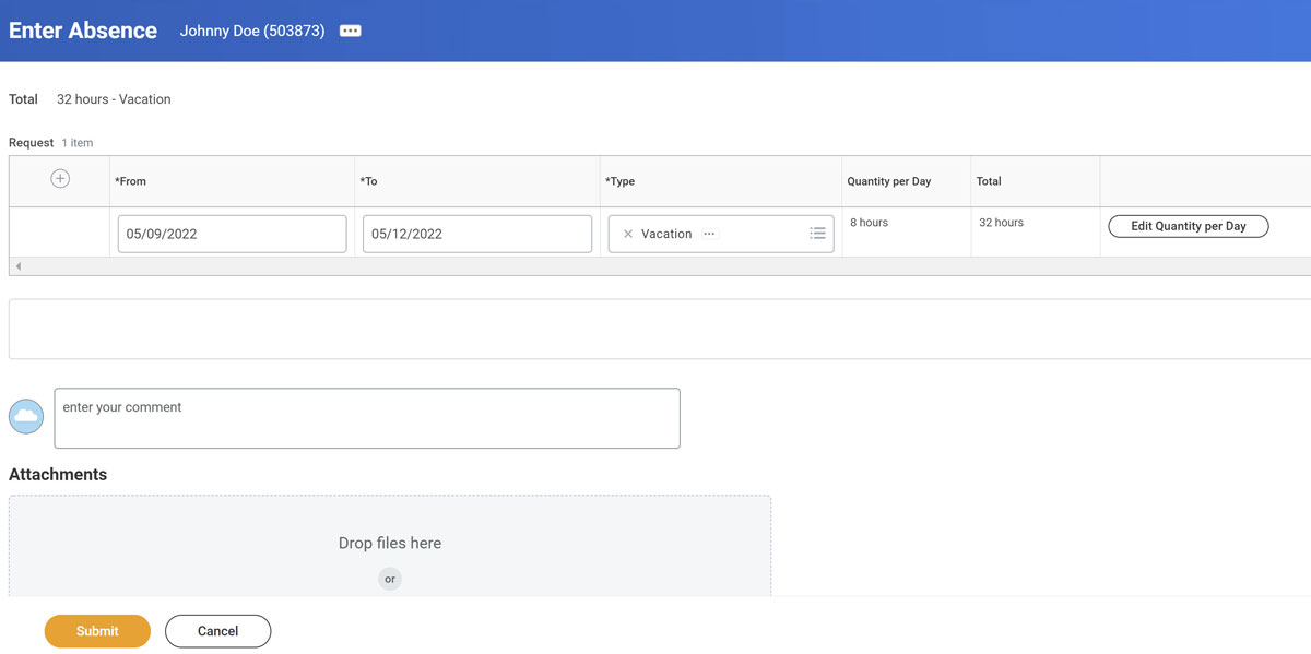 screenshot of Enter Absence verification step in Workday Absence module