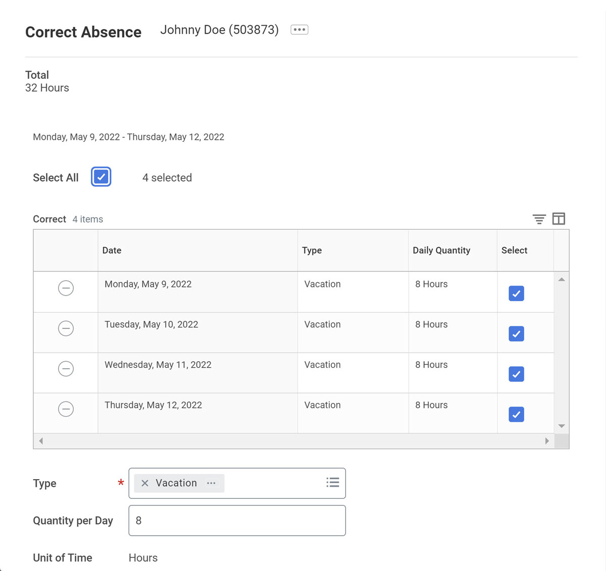 screenshot of Correct Absence verification screen