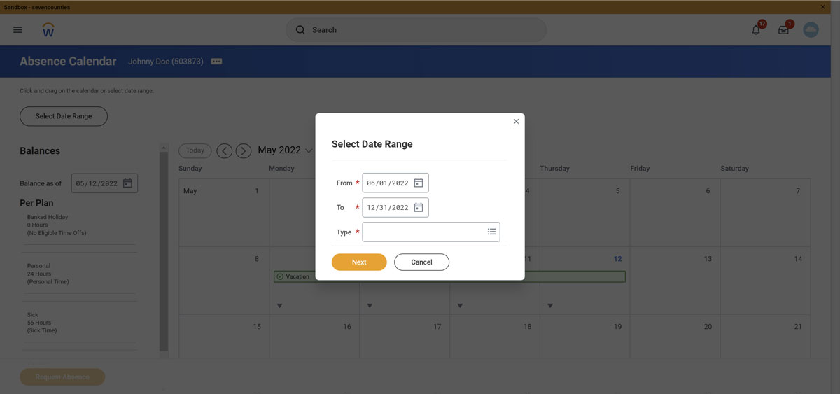screenshot of Workday Absence Admin or Absence Partner's Absence Calendar in Workday, with pop up screen that allows them to select date ranges for absence