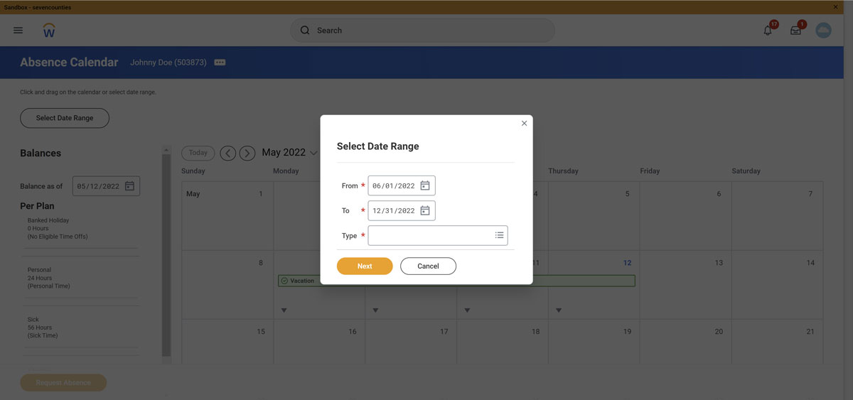 screenshot of Workday Absence Admin or Absence Partner