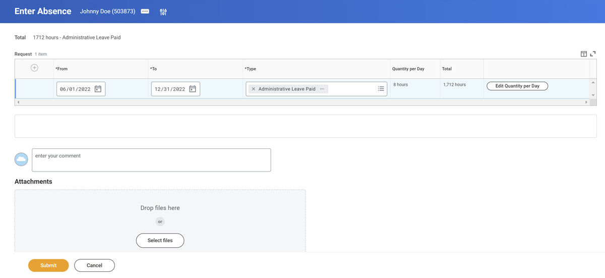 screenshot of Enter Absence verification screen