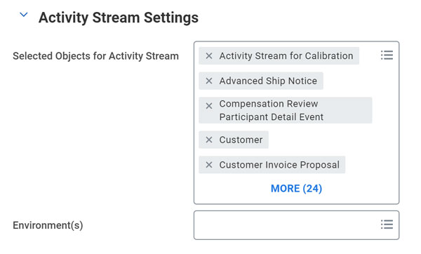 screenshot that shows Activity Stream settings in Workda