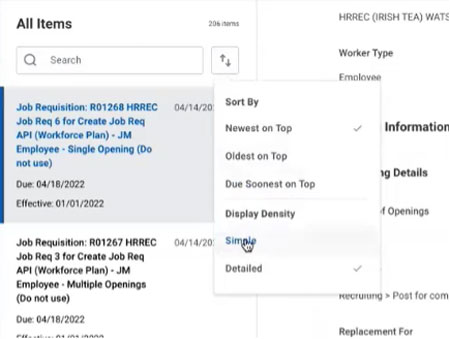 screenshot of the display density within the My Tasks inbox in Workday