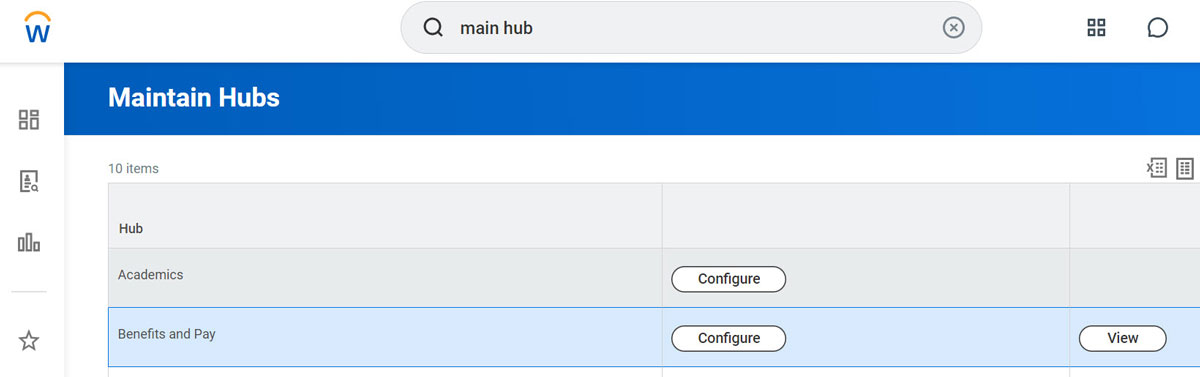 screen shot of the "Maintain Hubs" task in workday