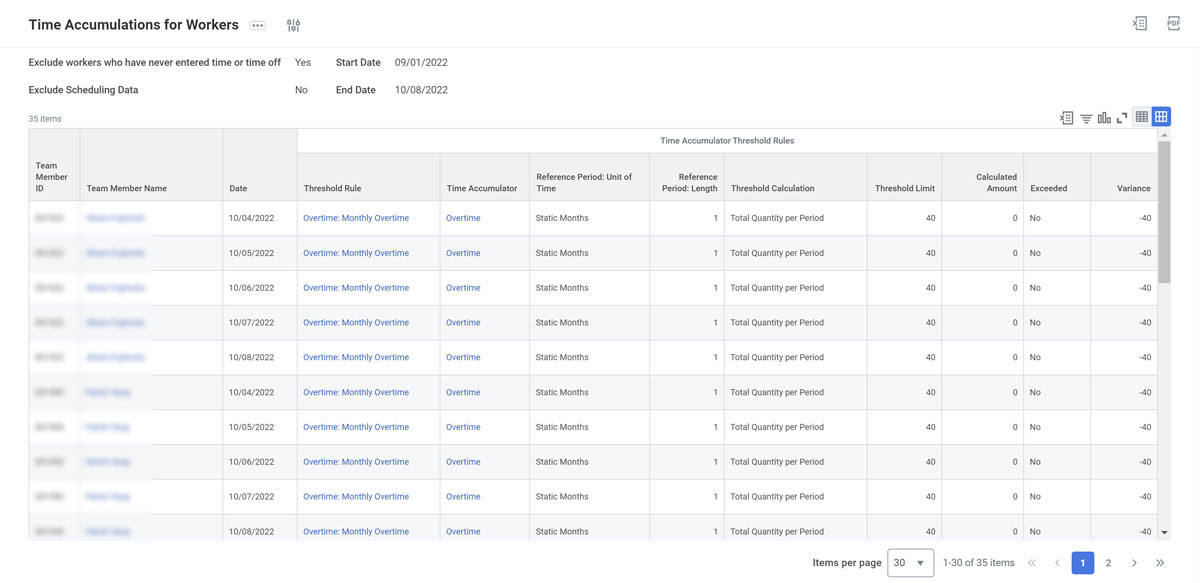 screenshot of Workday report: Time Accumulations for Workers