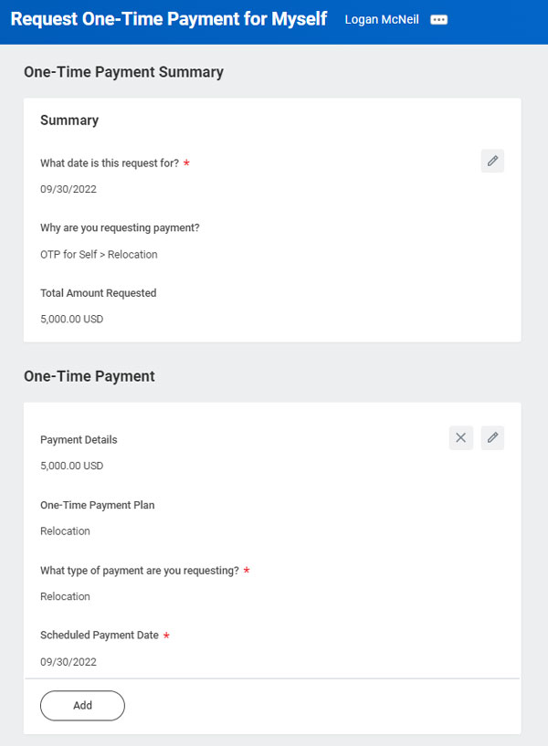 Screenshot of the Workday task, Request One-Time Payment for Myself