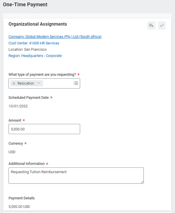 screenshot of the One-Time Payment prompt screen in Workday