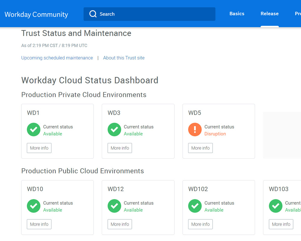 screenshot of workday cloud status dashboard to help determine if there is a workday outage