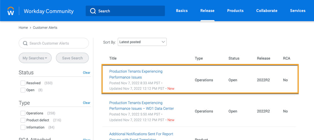 screenshot of workday community customer alerts report