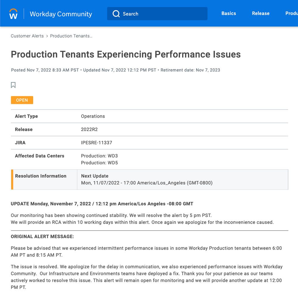 sample workday outage alert to help answer question is workday down right now