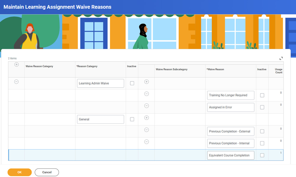 Screenshot of how to configure Waive Reasons in Workday