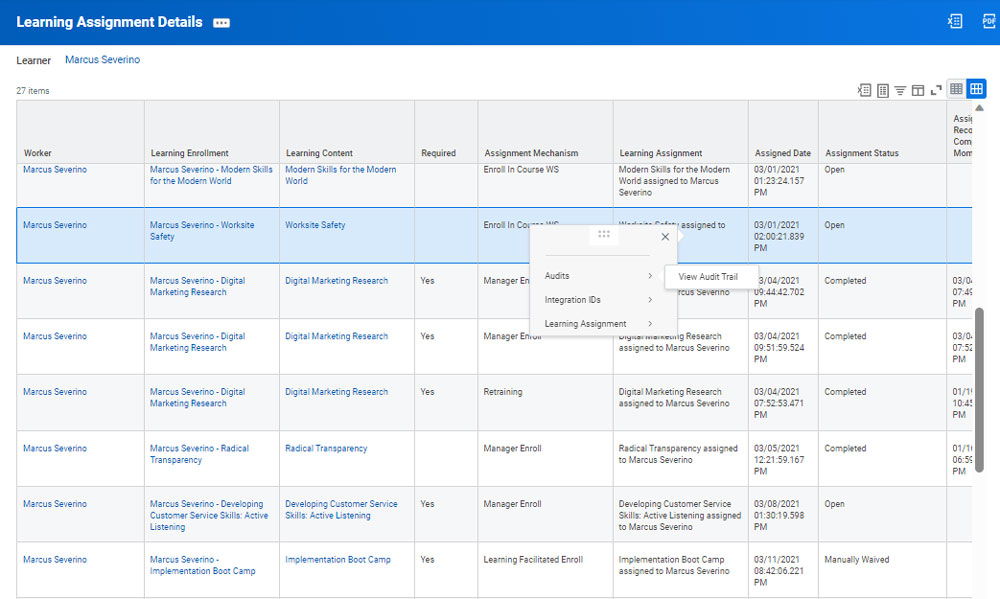 Image of a table in Workday that is displaying sample data for "Learning Assignment Details"
