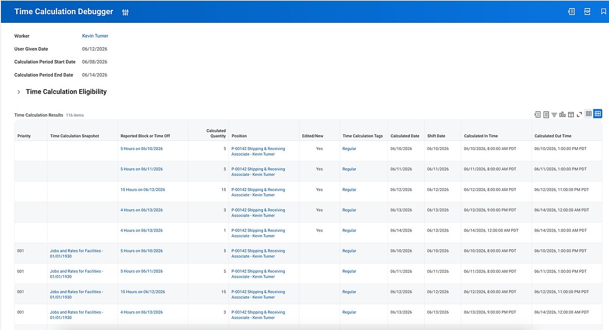 Screenshot of Time Calculation Debugger screen for worker Kevin Turner.