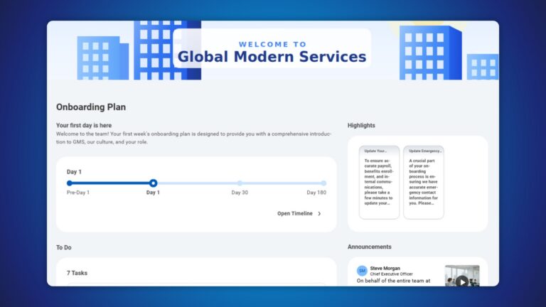 A screenshot of an Onboarding Plan in Workday as it would be seen by a new hire. It incorporates external branding from the hiring organization, a feature of the new Onboarding Planner.