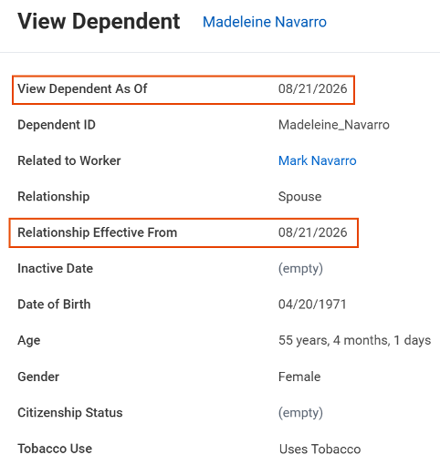 Screenshot of a View Dependent dialogue in Workday highlighting the new feature View Dependent As Of and the newly renamed feature Relationship Effective From.