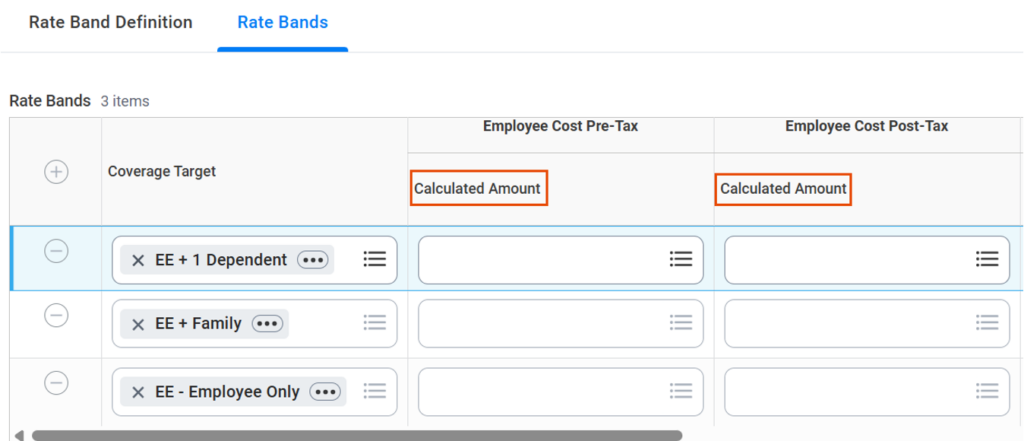 A screenshot of the Rate Bands tab as part of the new Custom Calculated Health Care Rates feature in Workday.