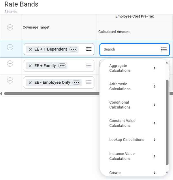 A screenshot of the drop down menu in the Rate Bands tab as part of the new Custom Calculated Health Care Rates feature in Workday.