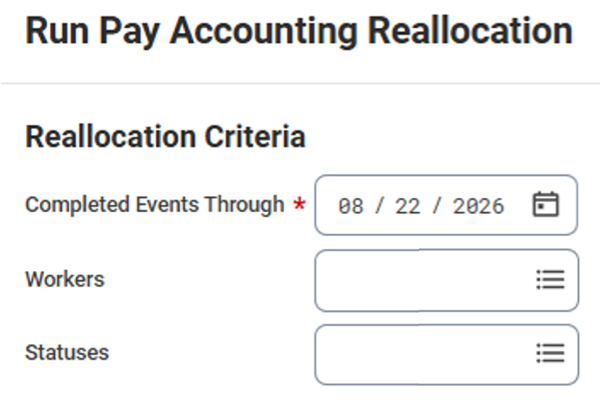 Screenshot of Run Pay Accounting Reallocation in Workday Core Payroll.