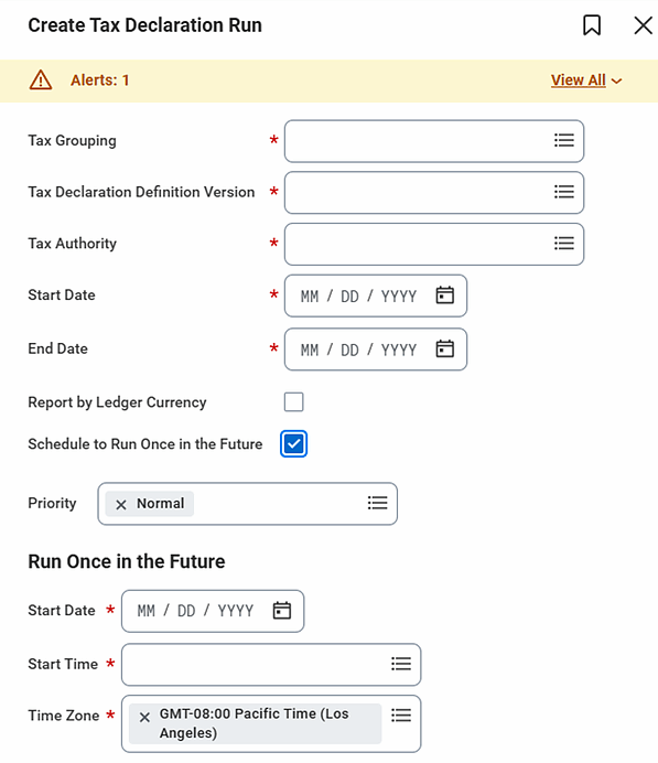 Screenshot of the Create Tax Declaration Run task in Workday Financials.