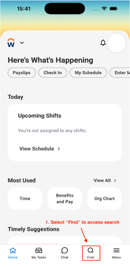 Screenshot of the Workday mobile app highlighting the Find search function.