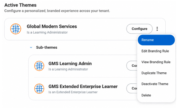 Screenshot of Active Themes and sub-themes as part of tenant theme branding in Workday HCM.