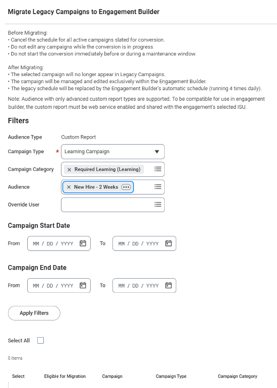Screenshot of Migrate Legacy Campaigns to Engagement Builder Task in Workday Learning.