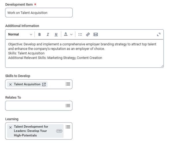 Screenshot of a Development Item with a Learning field in Workday.