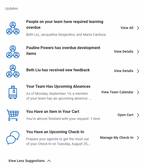 Screenshot showing examples of the kinds of quick insights (overdue items, upcoming absences, and more) managers can now see in Workday.