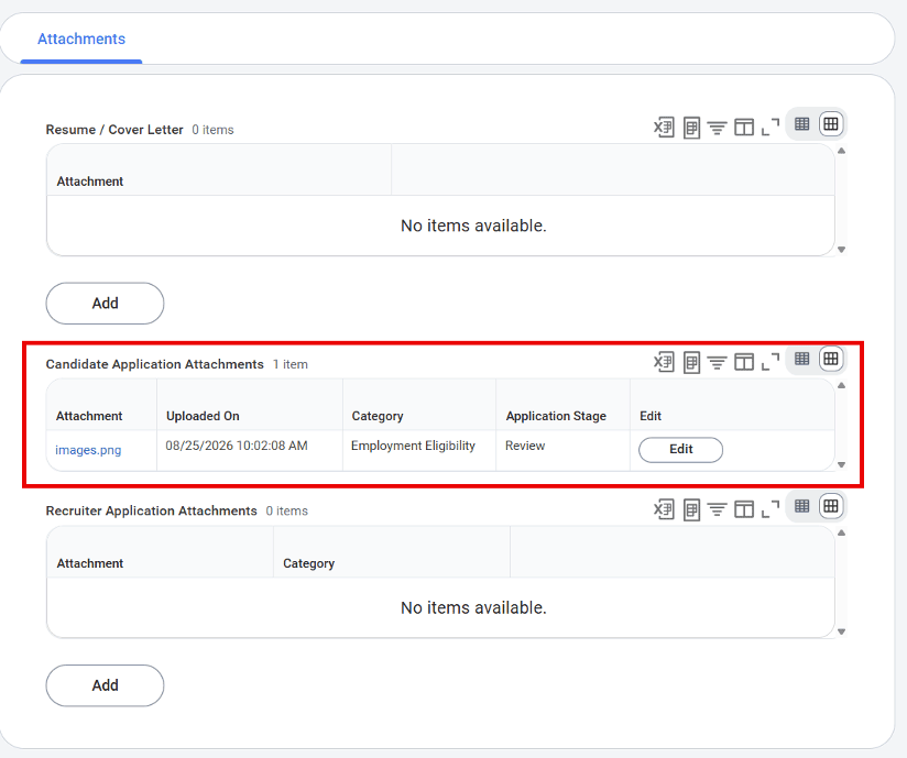 Screenshot highlighting the Candidate Application Attachments section in Workday Recruiting.
