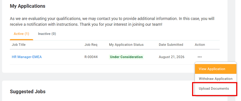 Screenshot of My Applications highlighting the Upload Documents feature in Workday Recruiting.