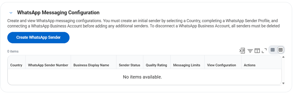 Screenshot of the WhatsApp Messaging Configuration feature in Workday Recruiting.