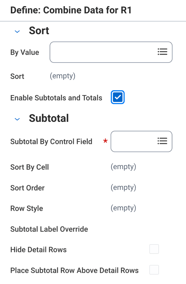 Screenshot showing Enable Subtotals and Totals checkbox in Workday Reporting.