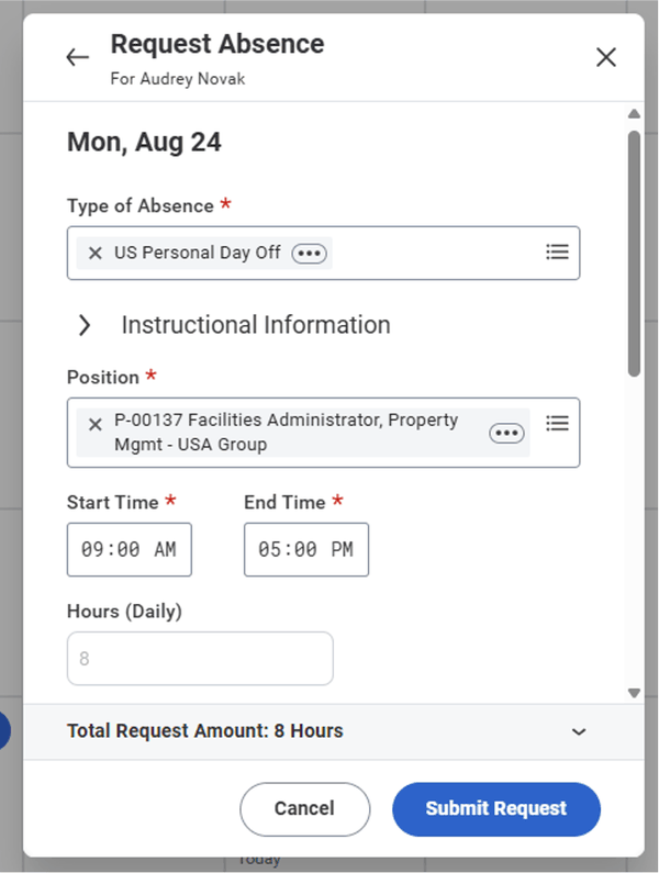 Screenshot of Request Absence with the Position field pre-filled.