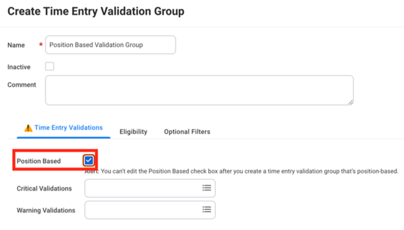 Screenshot of Create Time Entry Validation Group in Workday highlighting the Position Based checkbox.