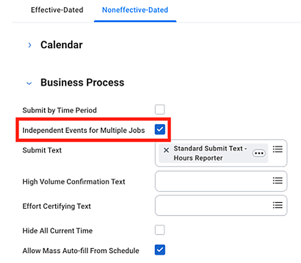 Screenshot of a Noneffective-Dated Business Process highlighting the Independent Events for Multiple Jobs checkbox.