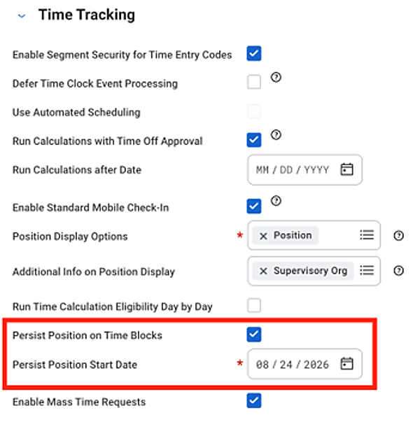 Screenshot of Time Tracking highlighting the Persist Position fields.