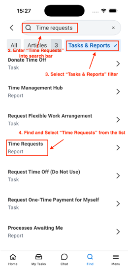 Screenshot of the Workday mobile app showing search results for Time Requests.