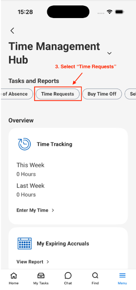 Screenshot of the Workday mobile app showing how to select Time Requests from Tasks and Reports in the Time Management Hub.