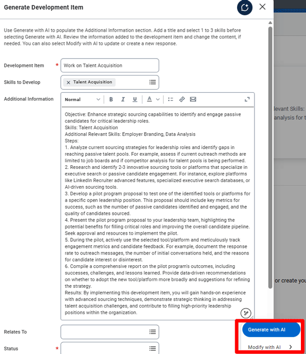 Screenshot of Generate Development Item highlighting Generate with AI feature in Workday.