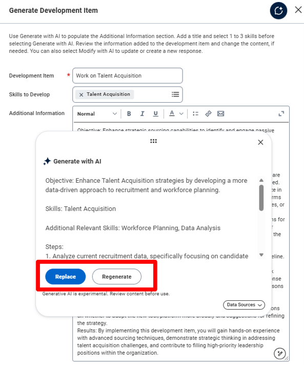 Screenshot of Generate Development Item showcasing Generate with AI feature in Workday.