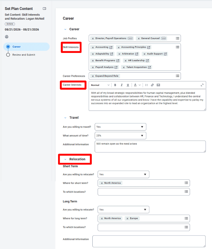 Screenshot of Set Plan Content in Workday highlighting the Skill Interests field, the Career Interests field, and the Relocation fields.