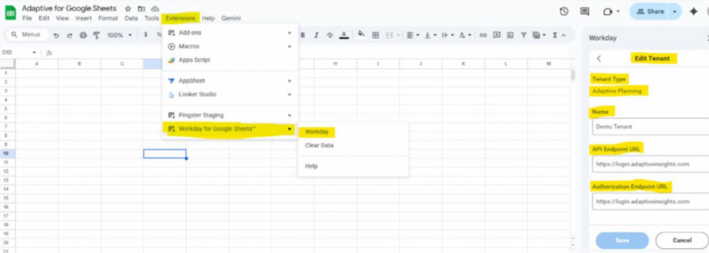Screenshot of Workday Adaptive Planning for Google Sheets highlighting menu options and the API connector.