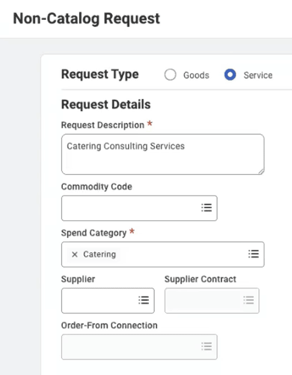 Screenshot of a Non-Catalog Request in Workday Financials.